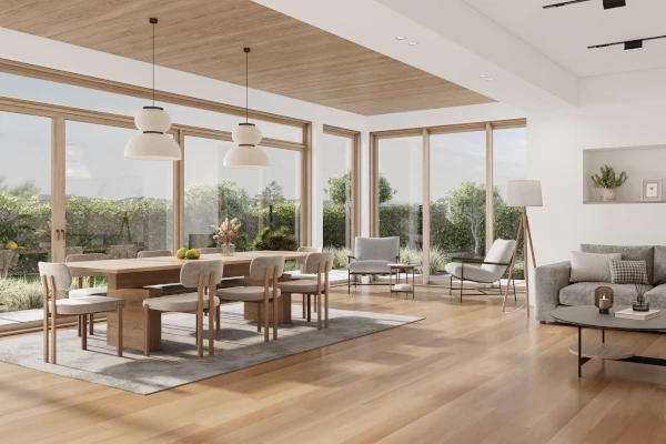 Wooden French doors in dining room