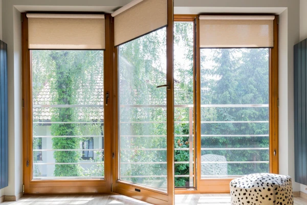 Open wooden French door