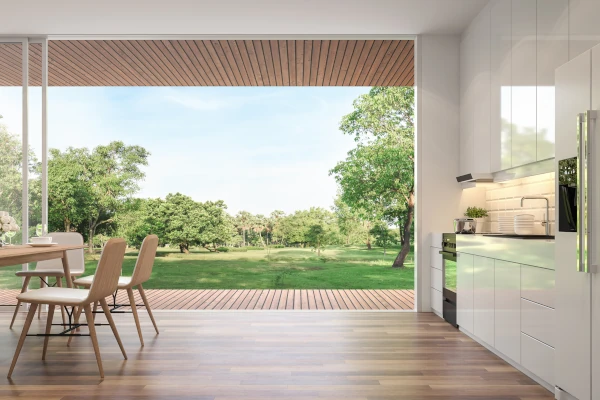 Open patio doors with garden